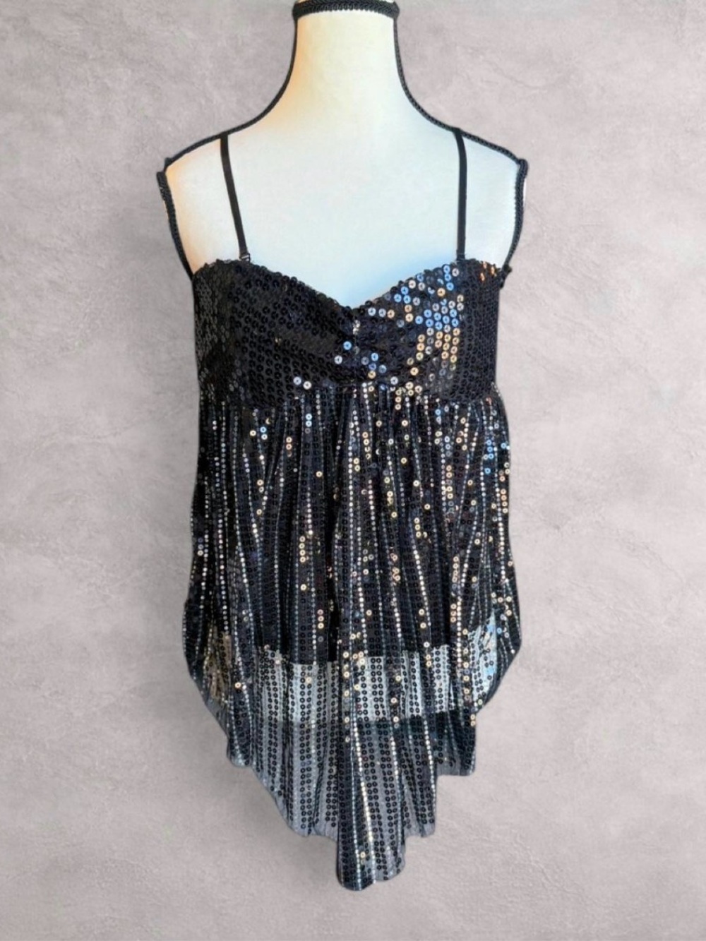Black Sequin Lace-Up Corset Babydoll Top - Large
